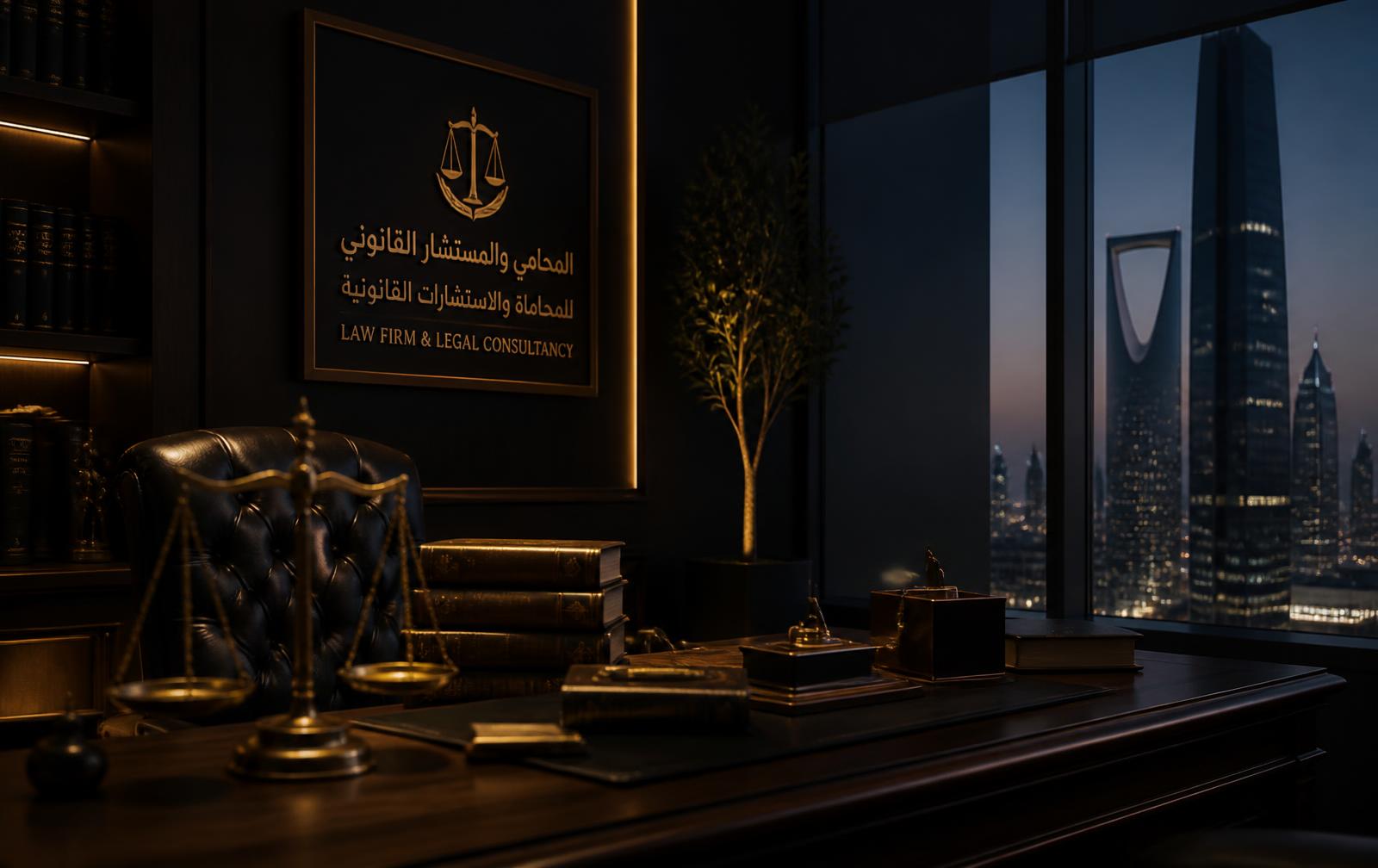 مكتب محاماة سعودي في الرياض ليلاً مع ميزان عدالة ومجلدات قانونية
